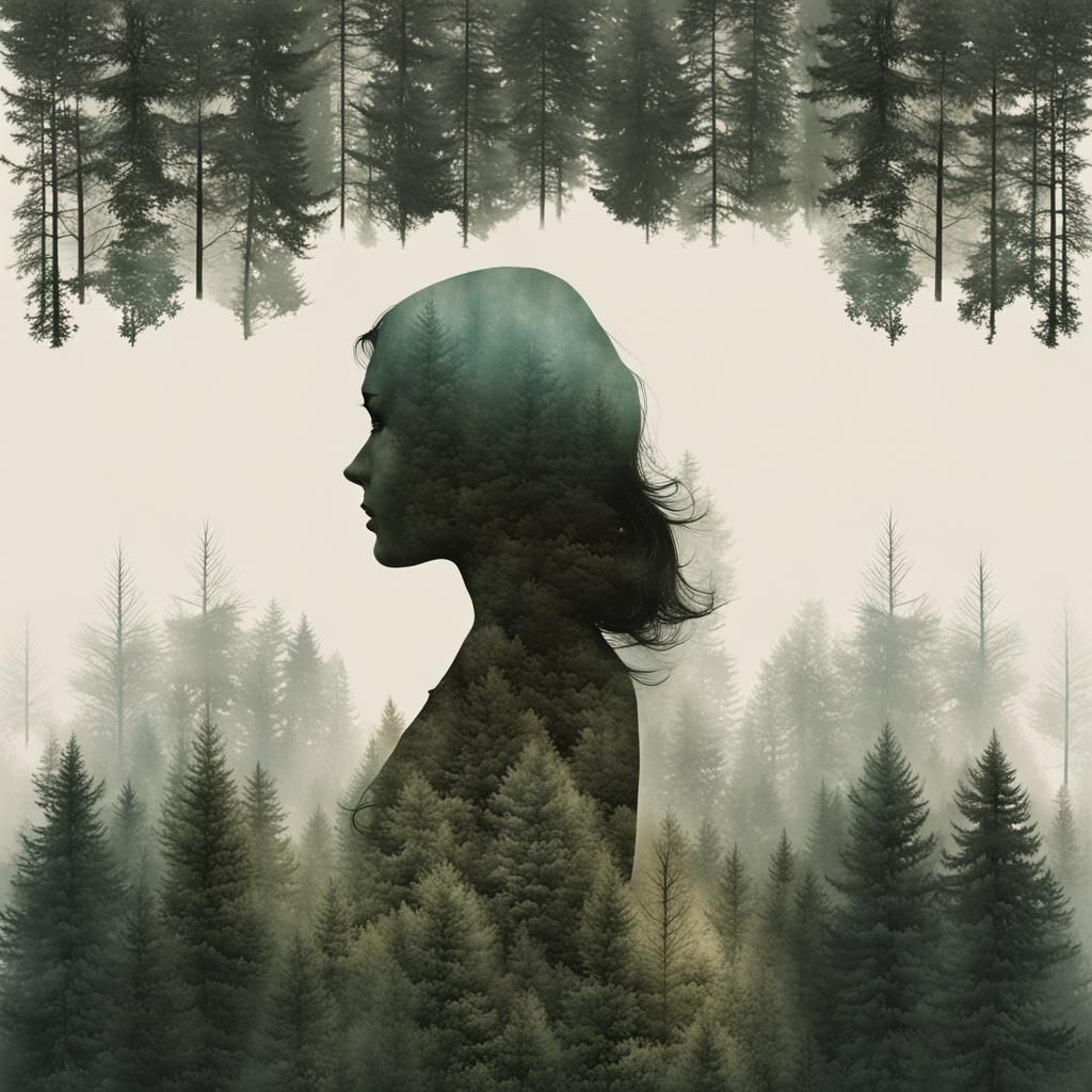 Double Exposure Portrait Silhouette with Evergreen Trees