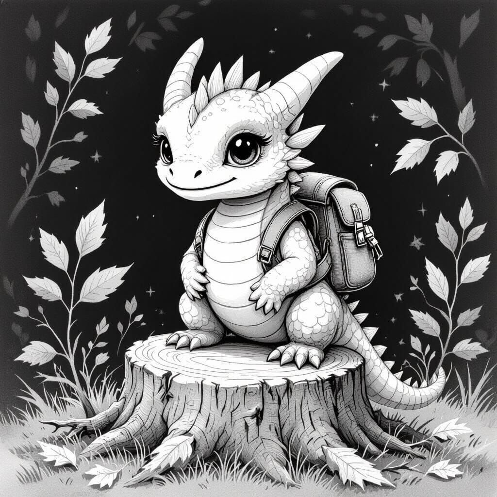 Dragon Hatchling with Backpack: Whimsical Black and White Il...