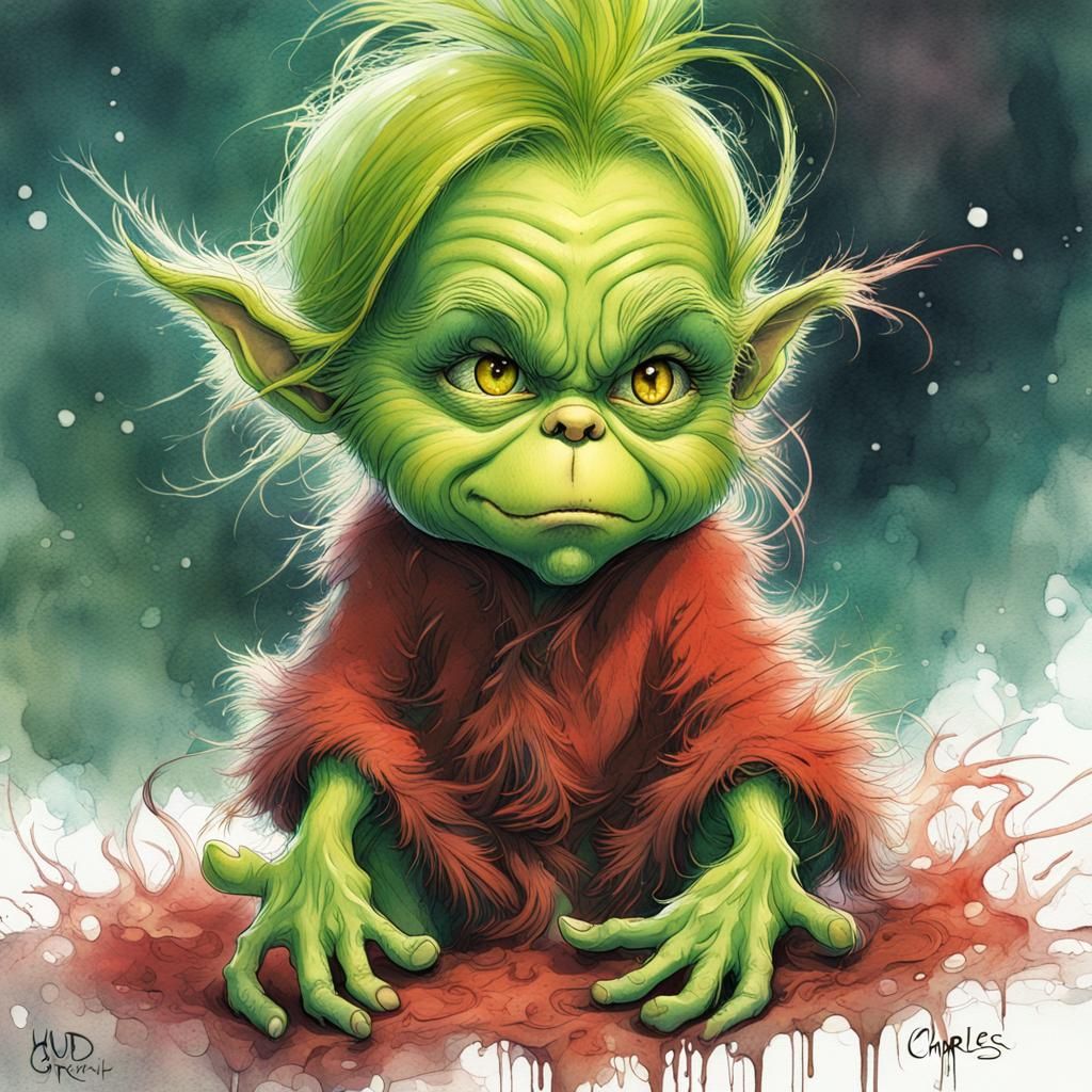 Grinch Baby Christmas Watercolor in Vibrant Colors