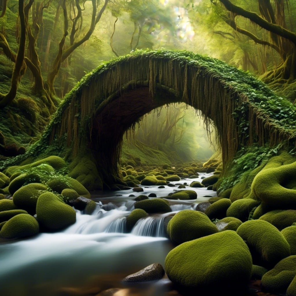 Ivy-Covered Bridge Over Rushing River in Forest