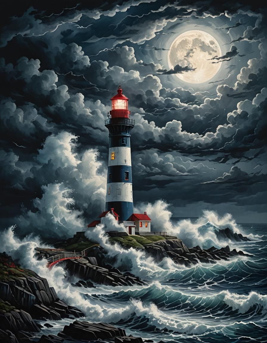Stormy Night Lighthouse Digital Painting