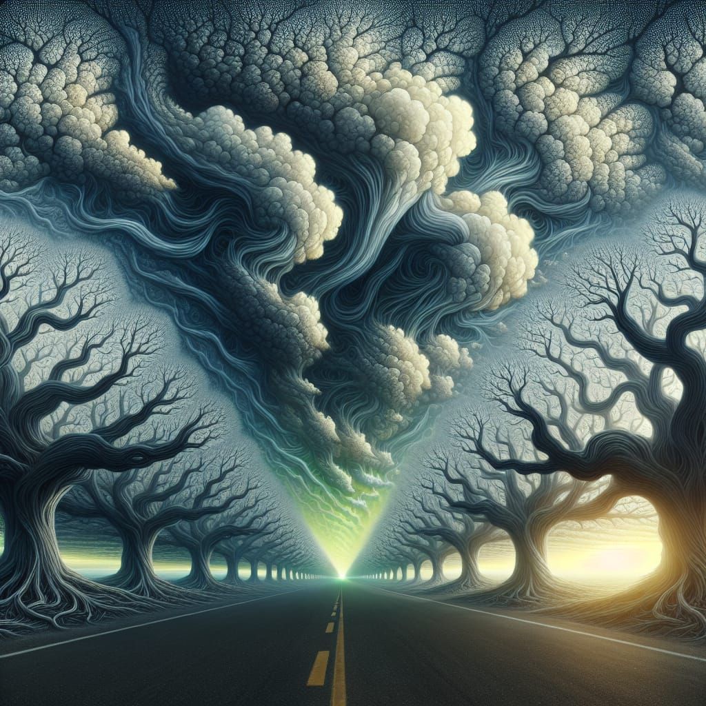 Surreal Skyscape with Curving Clouds and Green Light