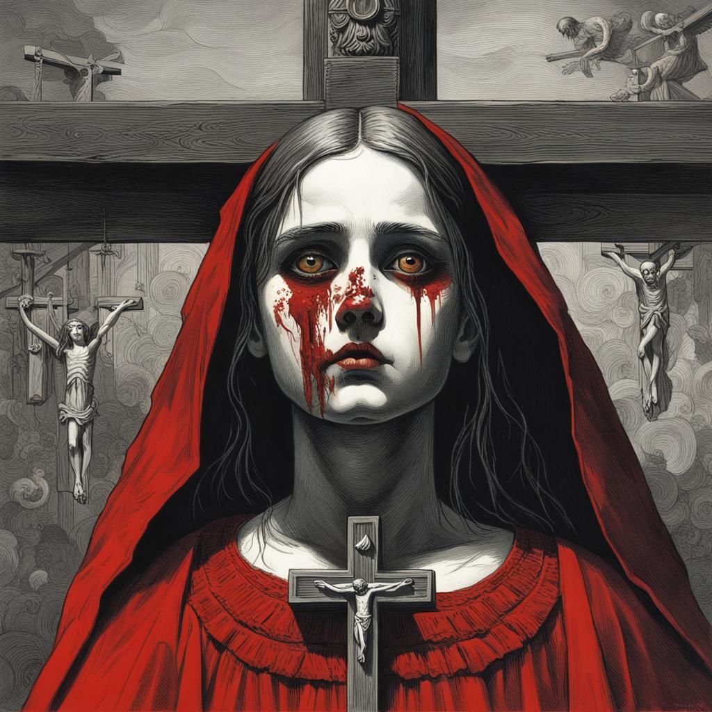 Menacing Girl in Red Beside Inverted Cross