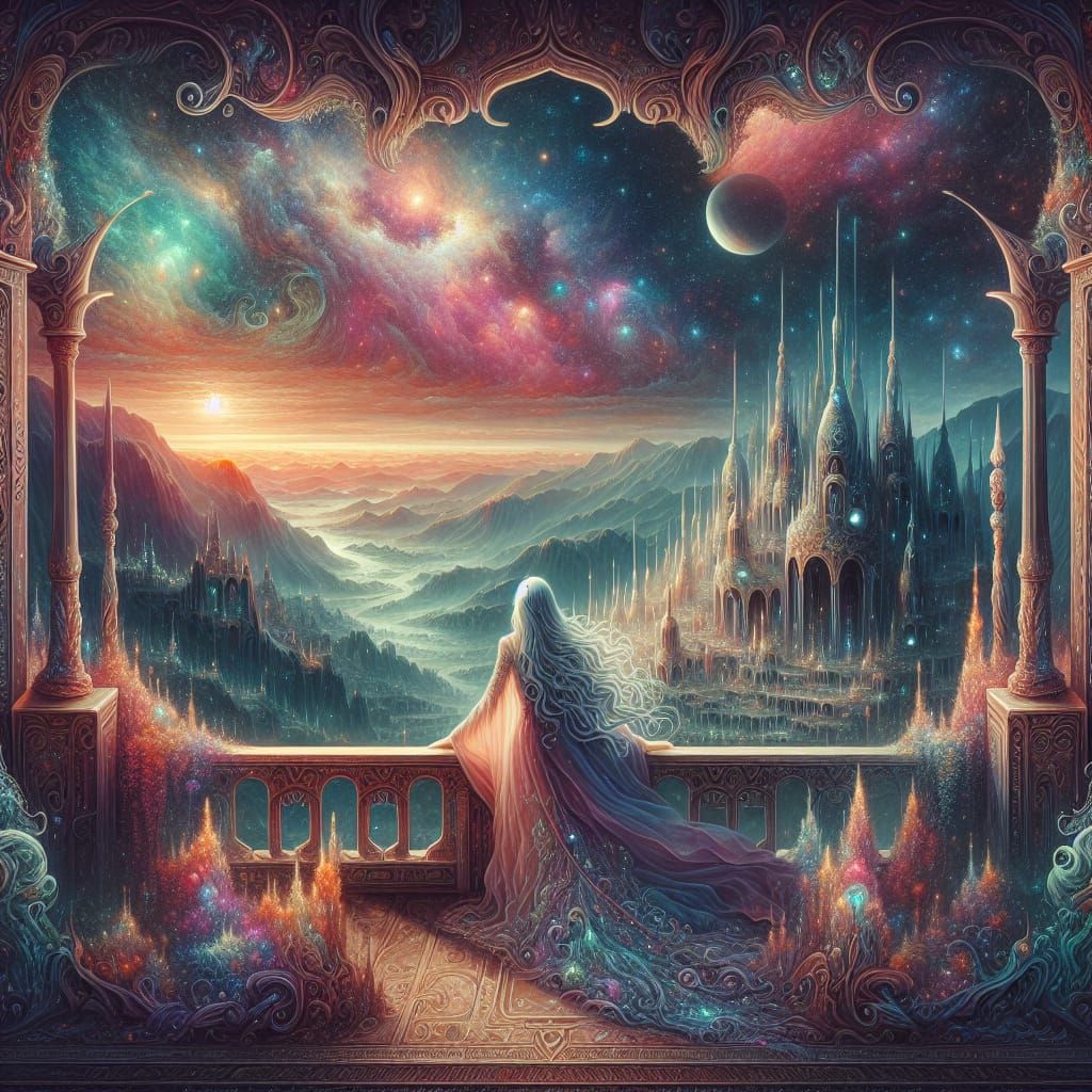 Princess Yearning for Lover in Surreal Cosmic Landscape