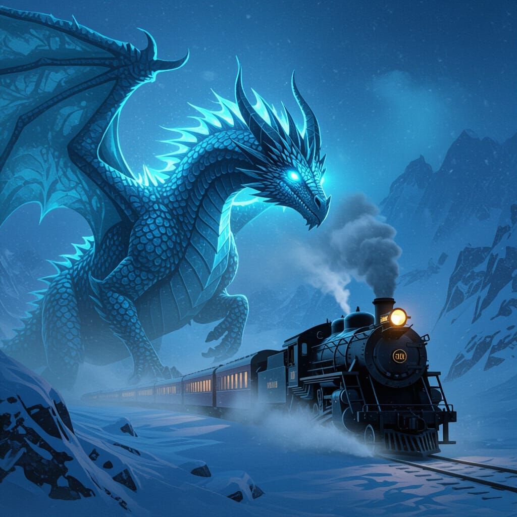 Majestic Ice Dragon Soars Through Blizzard Fantasy Art