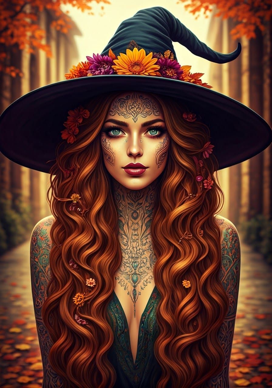 Beautiful Tattooed Witch Portrait in Autumn Courtyard
