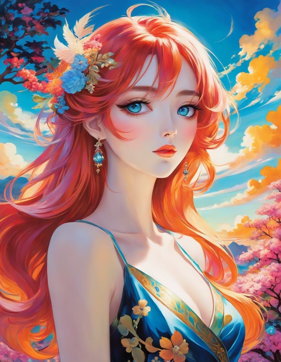 vibrant, dreamlike, portrait of a young woman