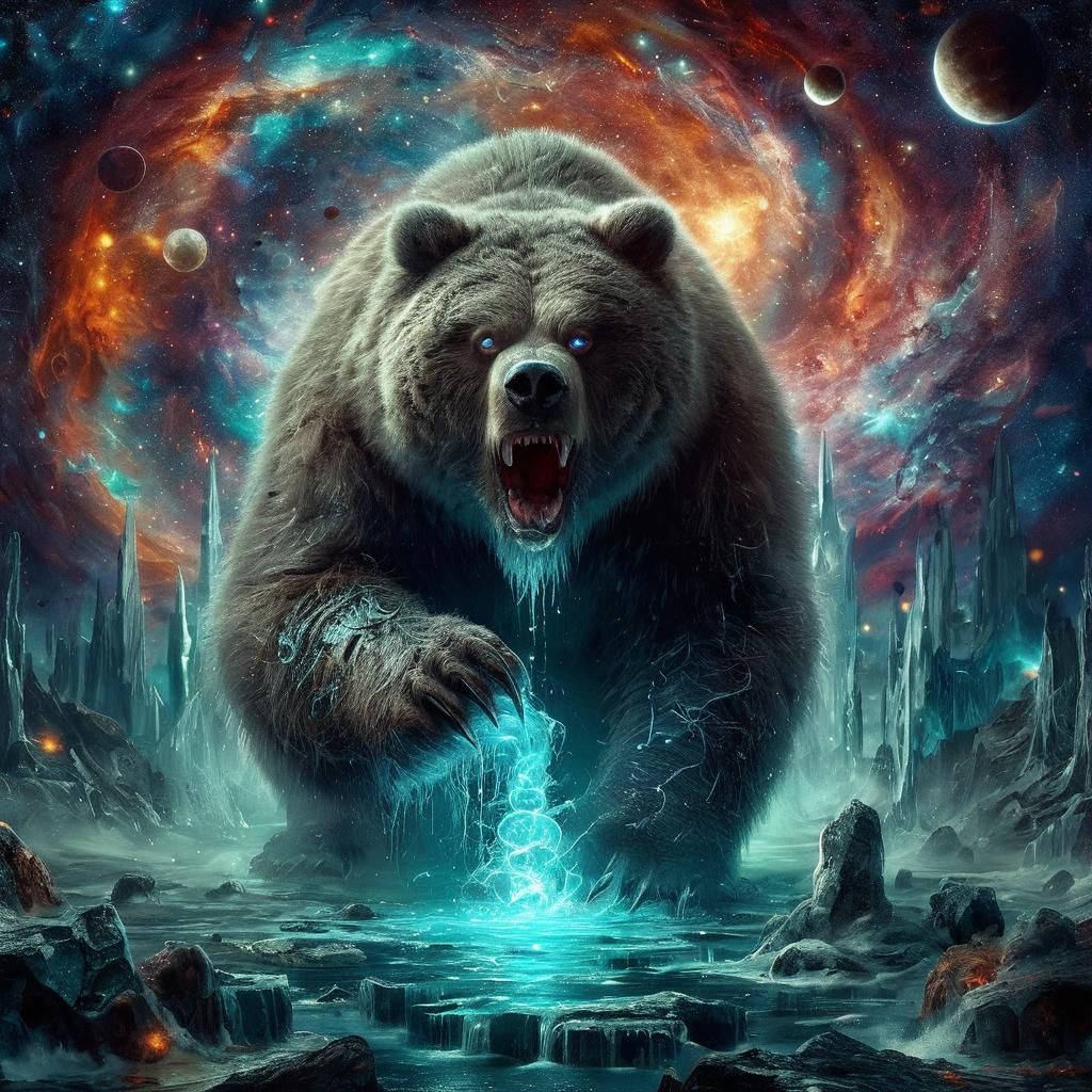 Mythic Grizzly Bear in Cosmic Darkness