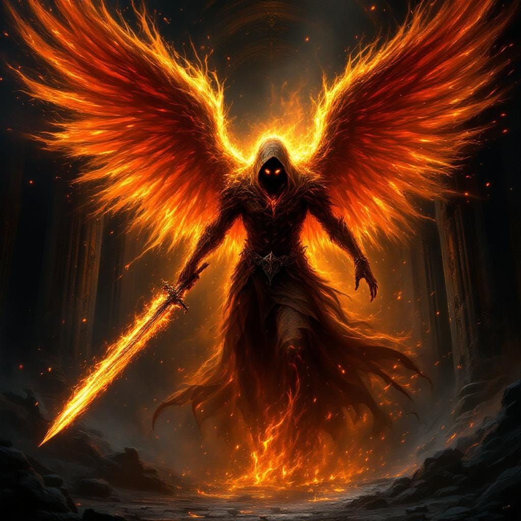 Fiery Archangel Emerges from Gothic Shadows