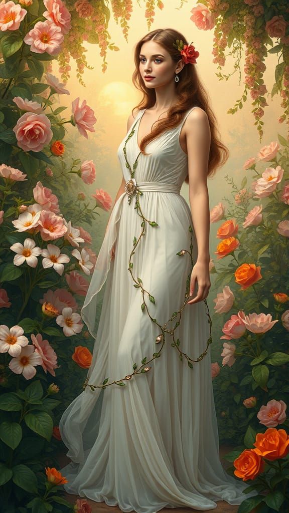 Elegant Woman Surrounded by Vibrant Floral Procession in Art...