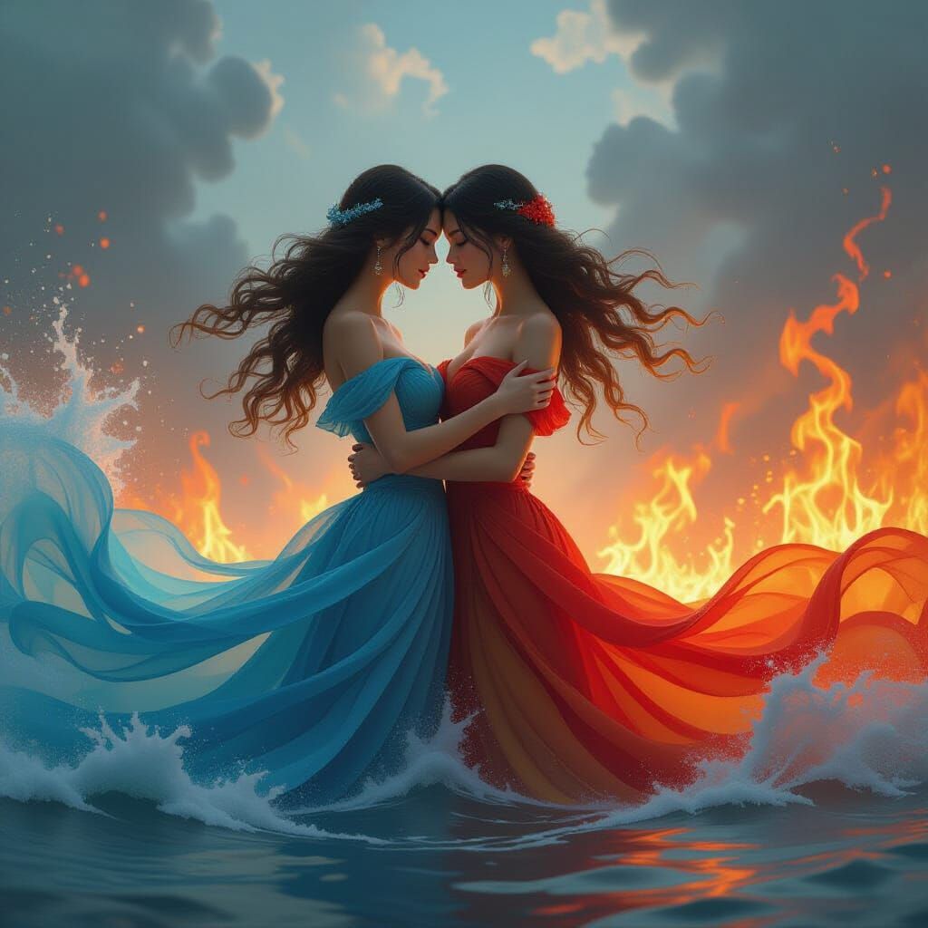Water and Fire Spirits Embrace in Detailed Matte Painting
