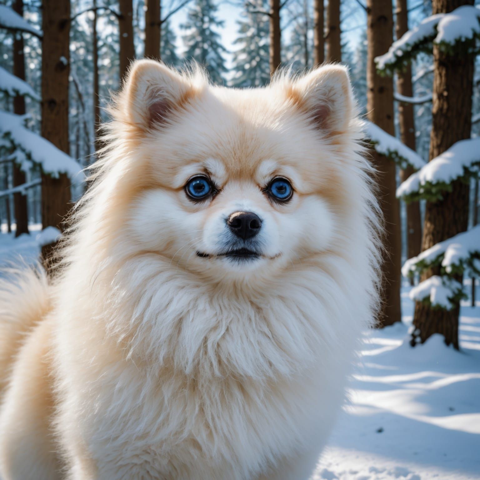 Adorable White Pomeranian in Cherry Blossom Garden