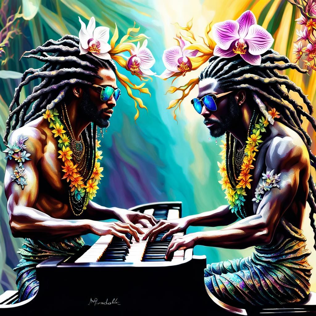 Synthwave Piano Duet in a Glittering Landscape