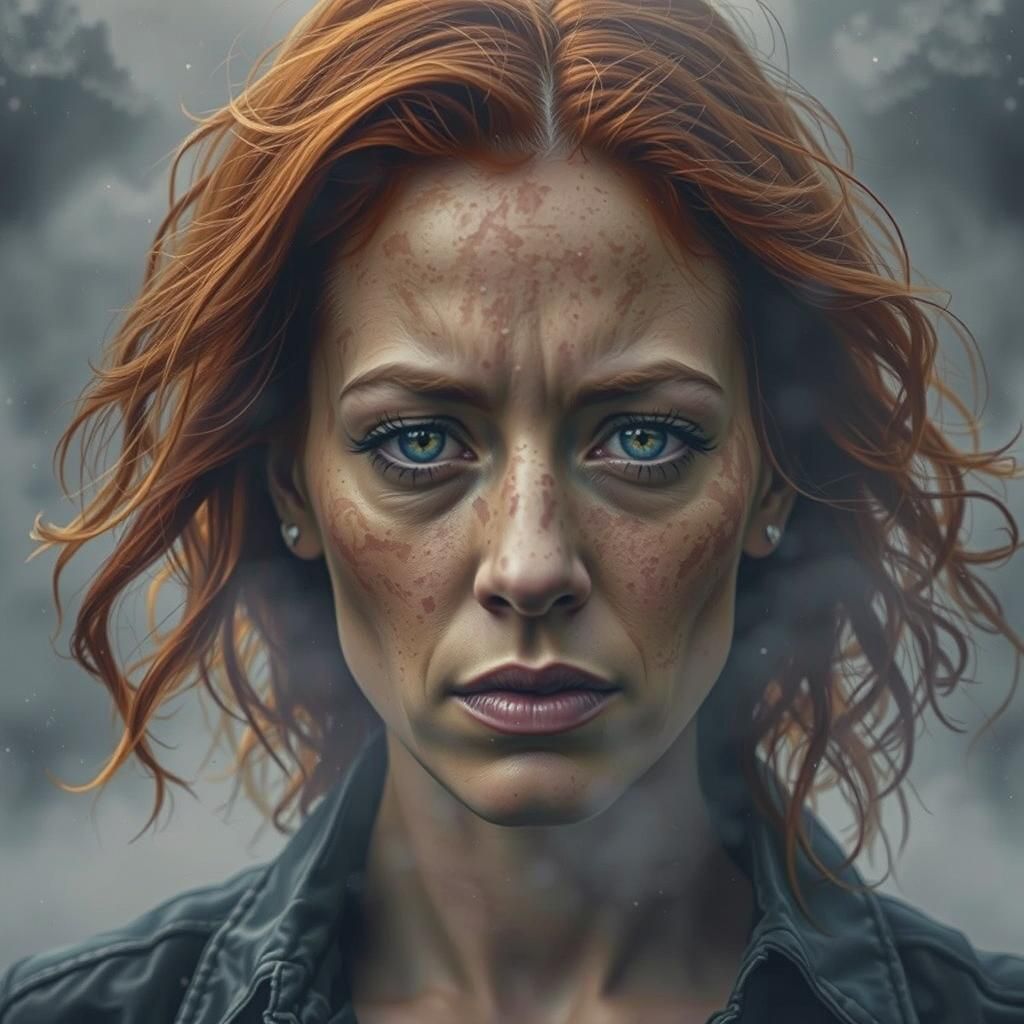 Ethereal Woman with Fiery Hair Emerges from Fog