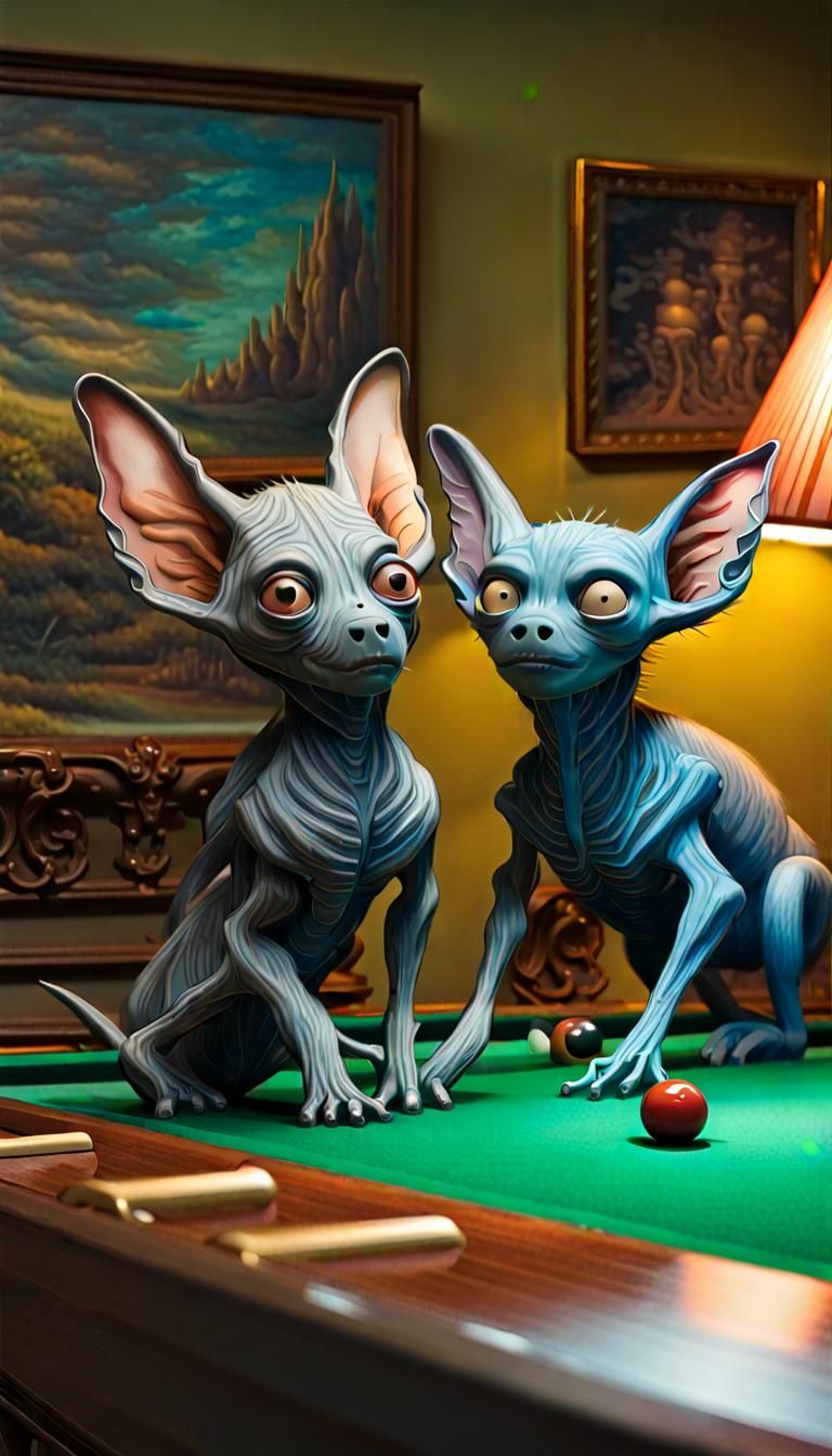 Alien Puppies Play Pool in Surreal Digital Art