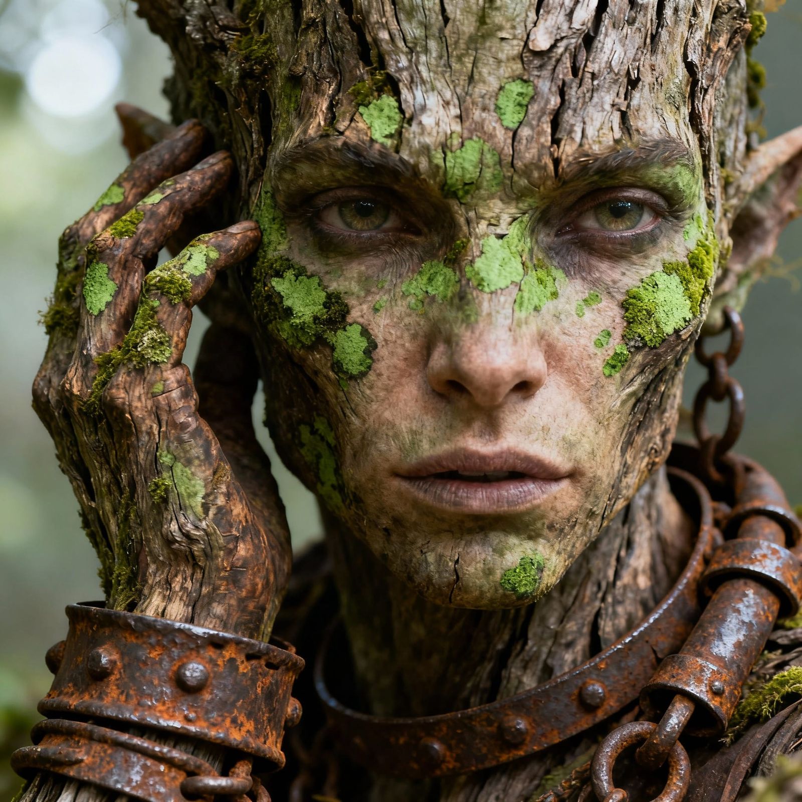 Tree Bark Character Portrait with Iron Jewelry
