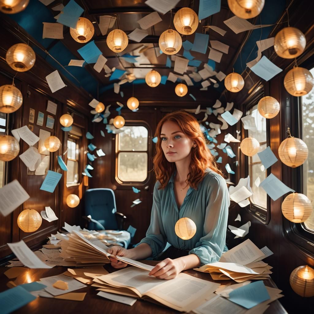 Dreamy Woman in Train Cabin: Surreal Oil Painting