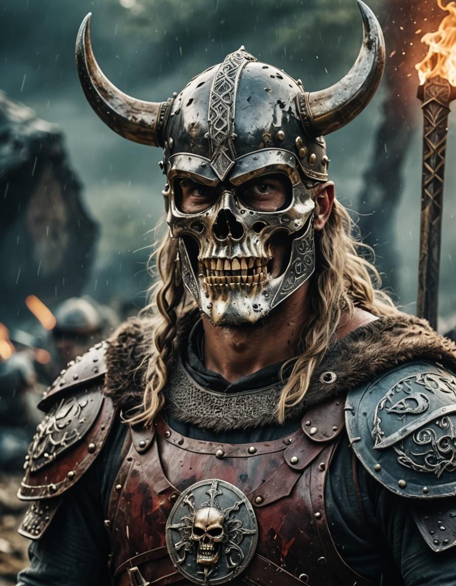 Viking Skull Portrait with Dragon in Cinematic Style