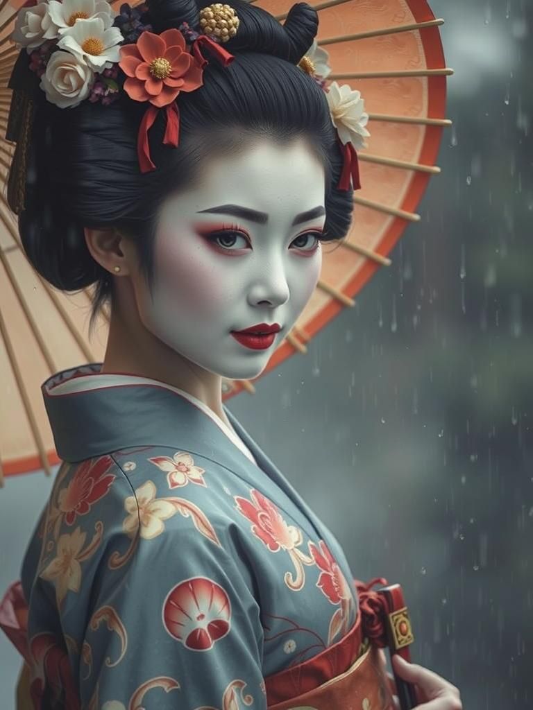 Smiling Geisha in Rainy Fine-Art Photograph