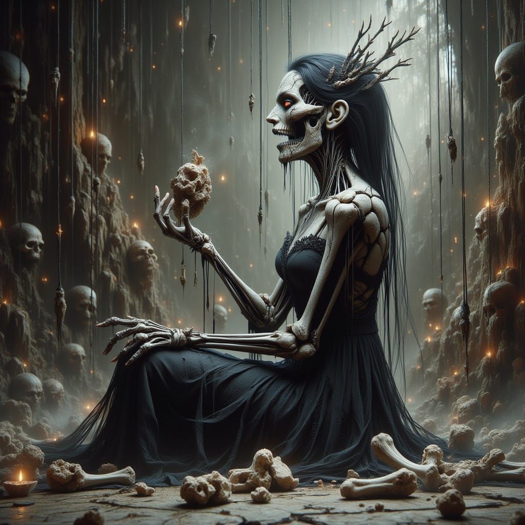 Whimsical Skeleton Playing with Bones in Mystical Style