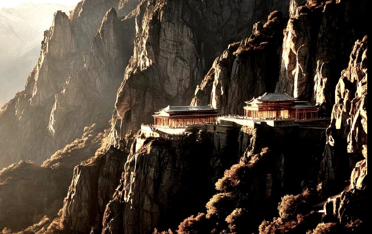 Mountain Temple in Golden Light: Cinematic Oil Painting