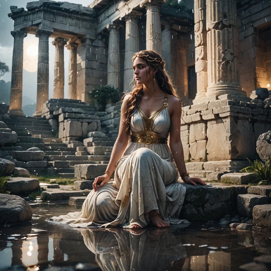 Goddess Kneeling in Rain-Soaked Greek Ruins