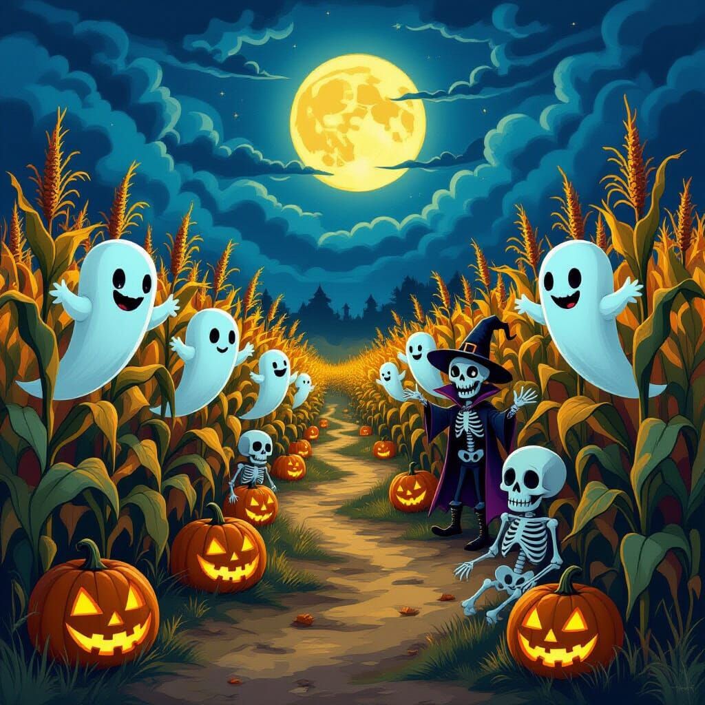 Whimsical Halloween Corn Maze with Friendly Monsters