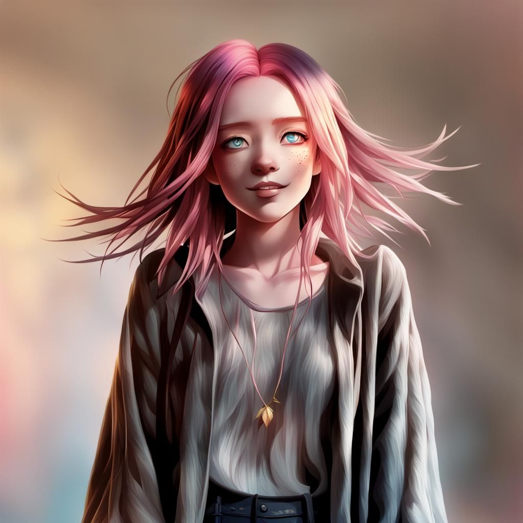 Anime Girl Portrait with Pink Hair and Wings