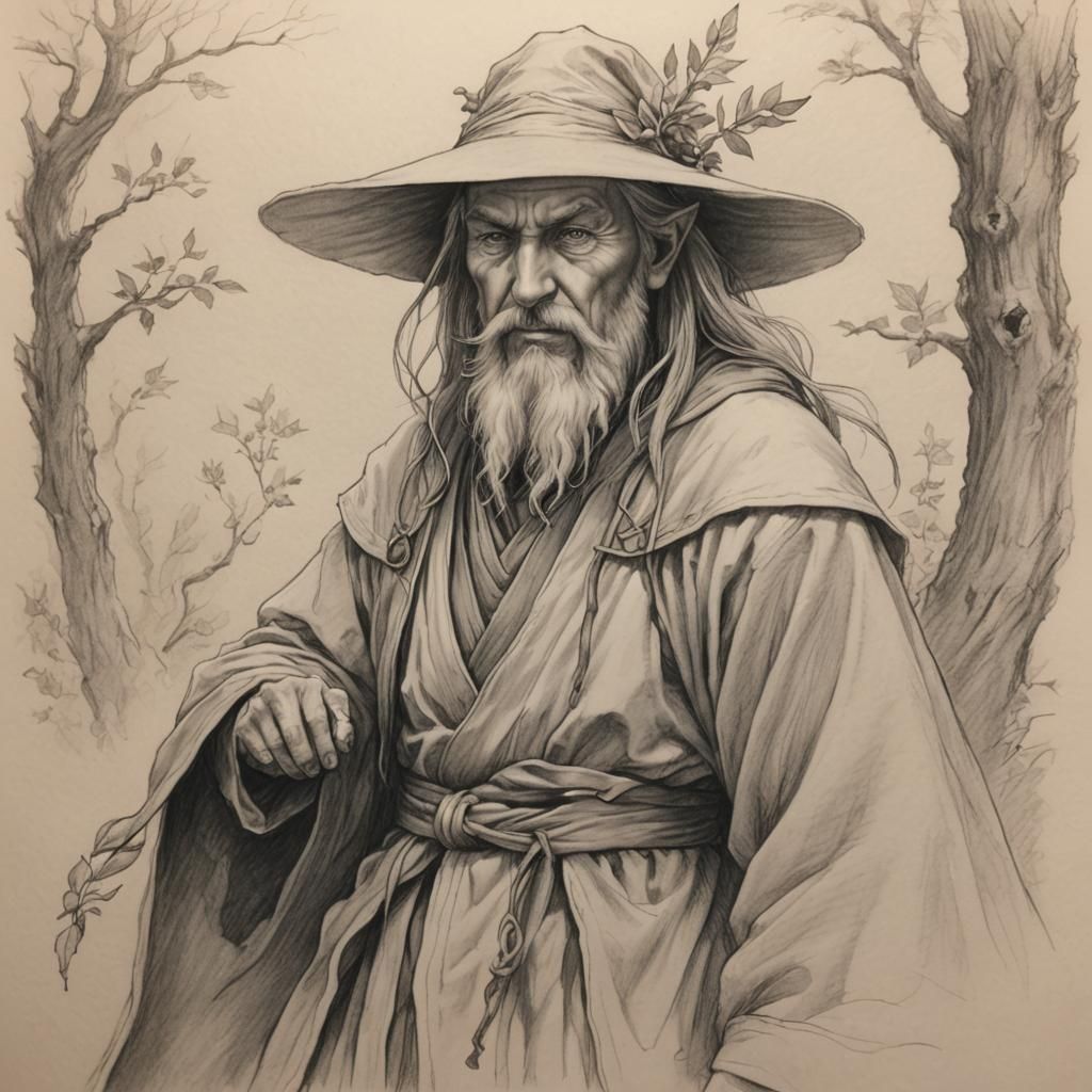 Fantasy Sage: Detailed Pencil Sketch Illustration