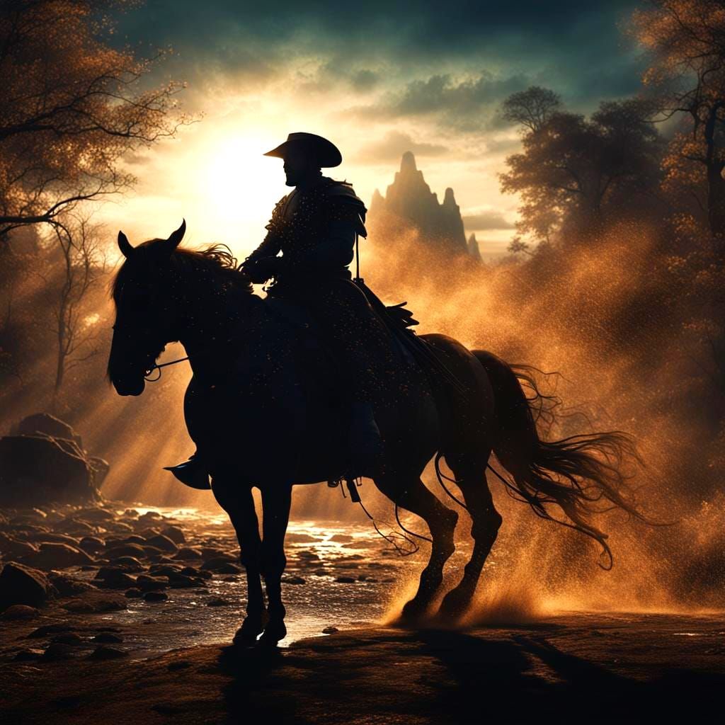 Dramatic Backlit Rider on Horse in Vintage Style