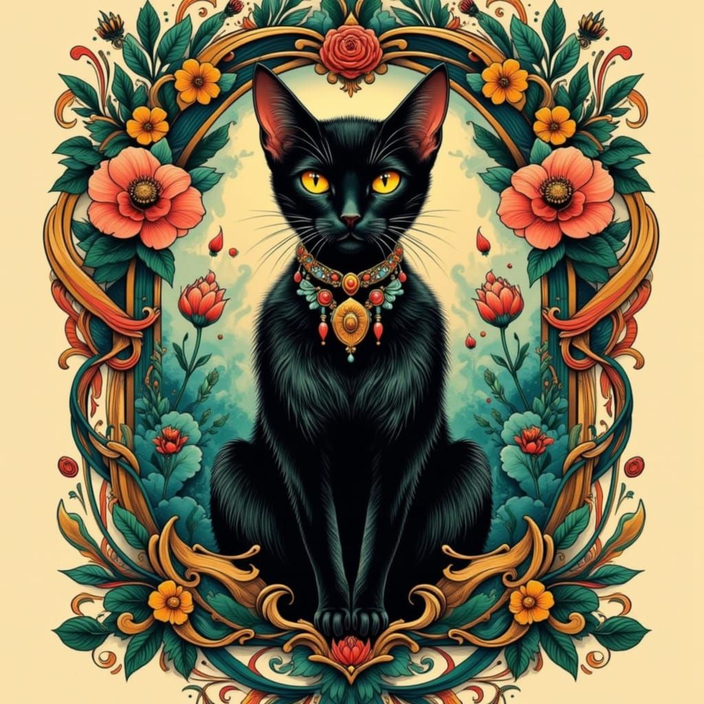 Regal Black Cat Portrait in Neo-Traditional Style