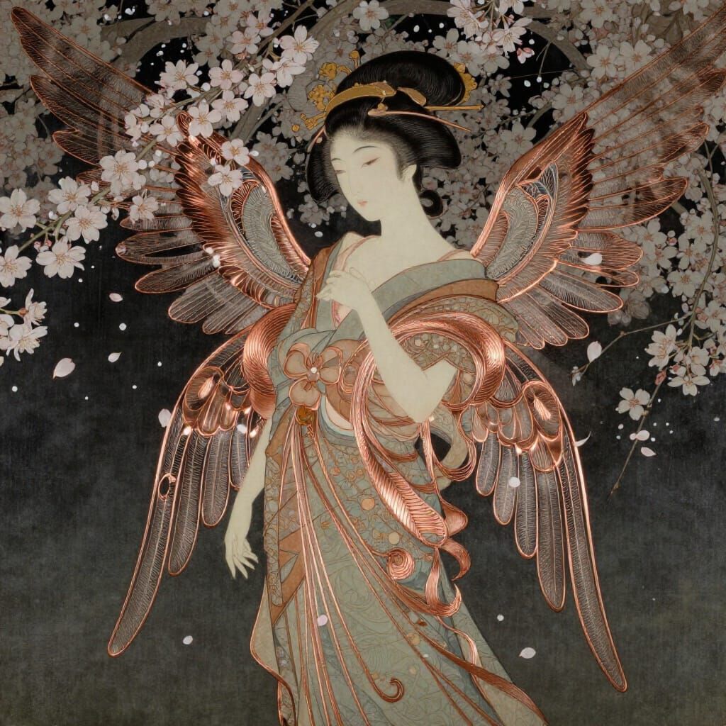 Geisha with Copper Wings Amidst Cherry Blossoms in Ethereal ...