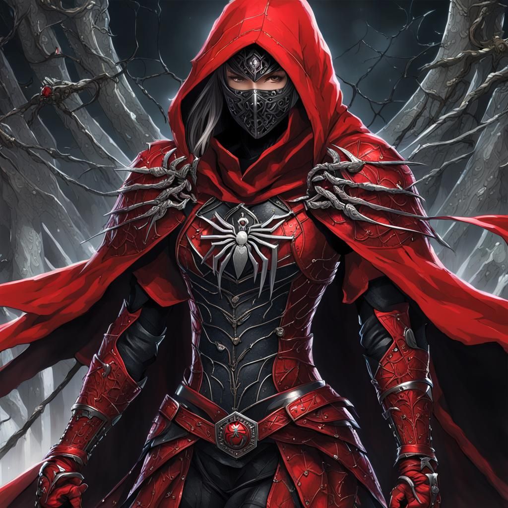 Mystical Anime Warrior in Red Armor with Spider Emblem