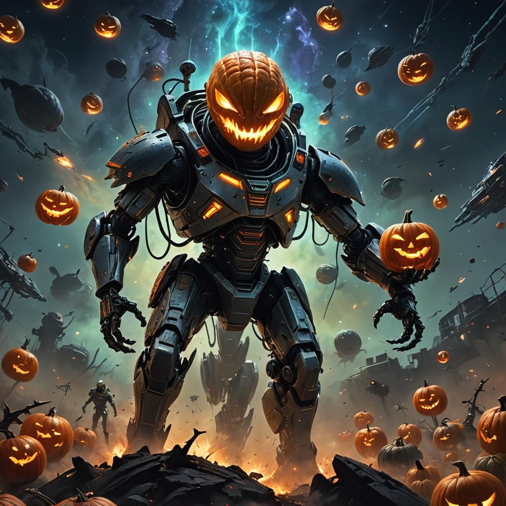 Alien Warrior with Pumpkin Head in Nebula