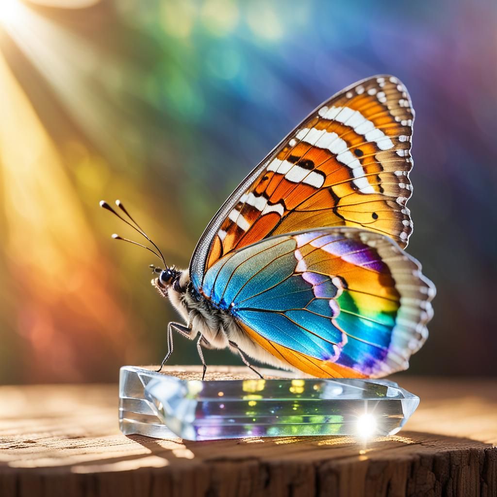 Butterfly on Rainbow Crystal in Macro Photography