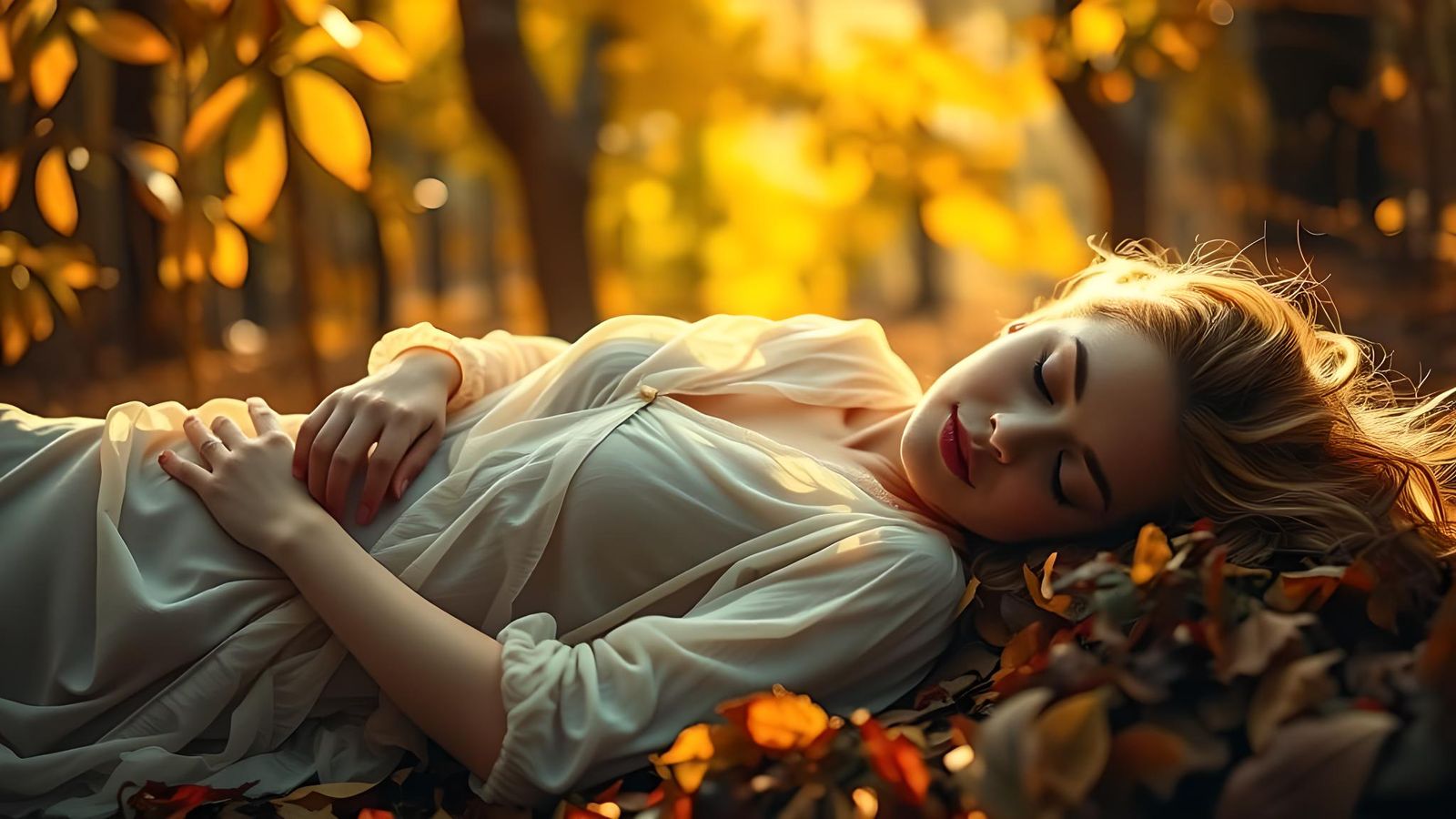 Sleeping Woman in Autumn Forest: Professional Photography