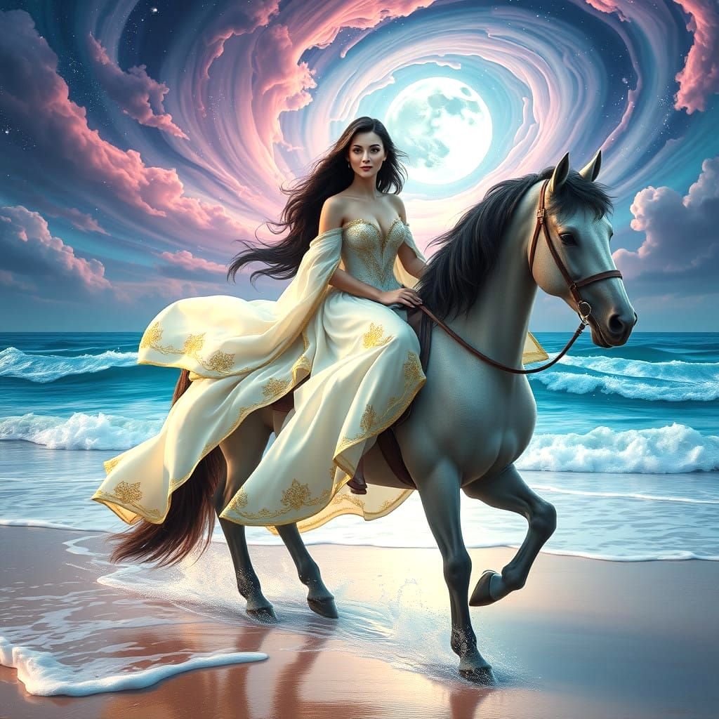 Stunning Fantasy Horse Rider in Shimmering Beach Scene