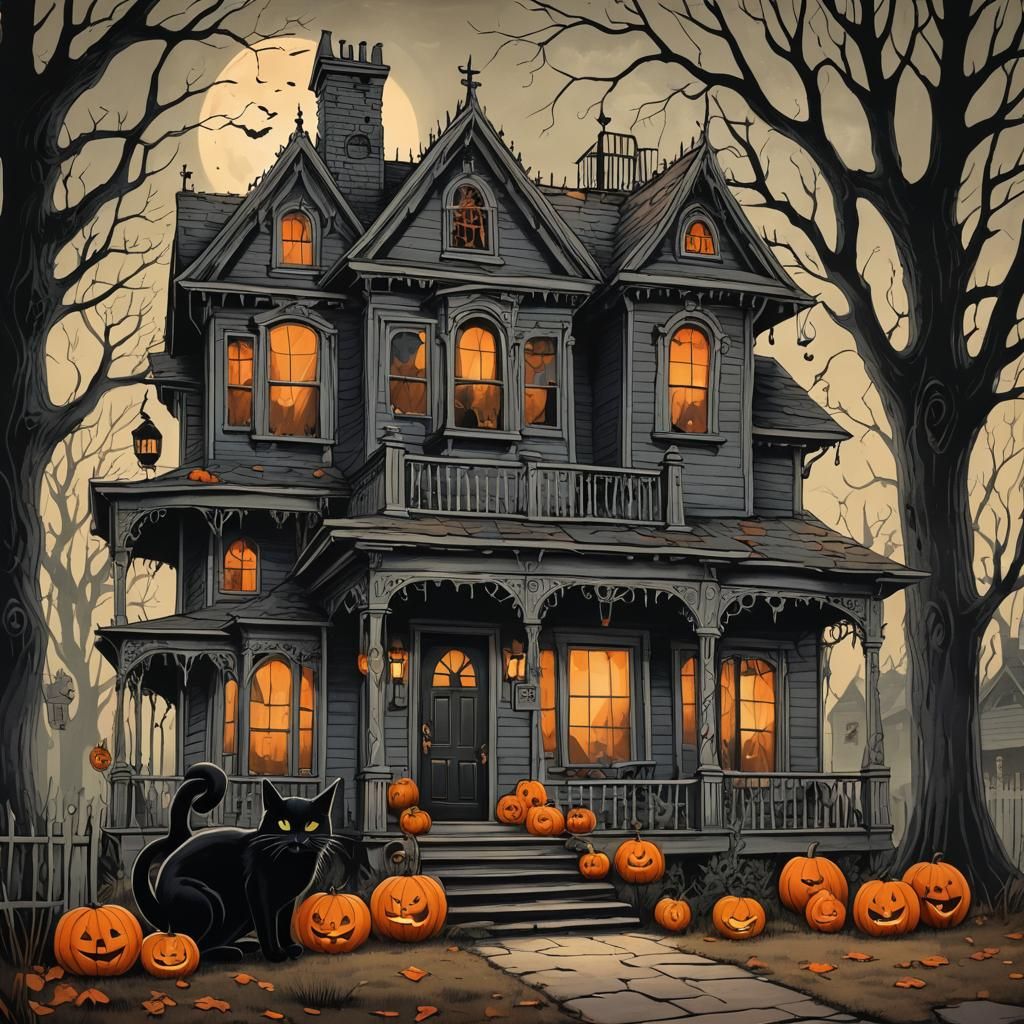 Cute Haunted House with "13 Ghosts" Sign