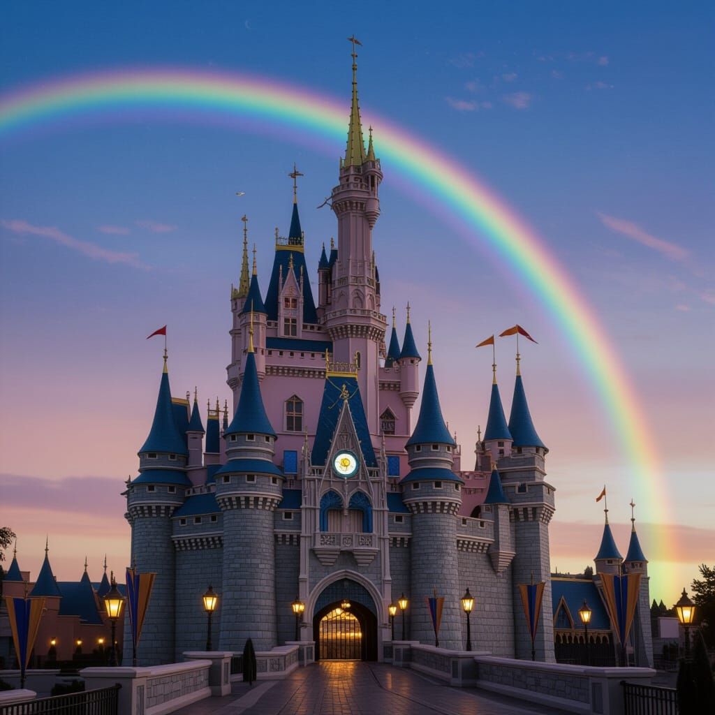 Spooky Castle Under a Rainbow Sky