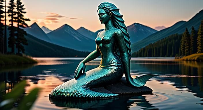 Mountain Lake Sunset with Mermaid Sculptures