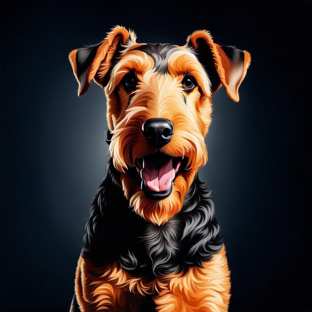 Happy Airedale Dog Portrait in Photorealistic Style