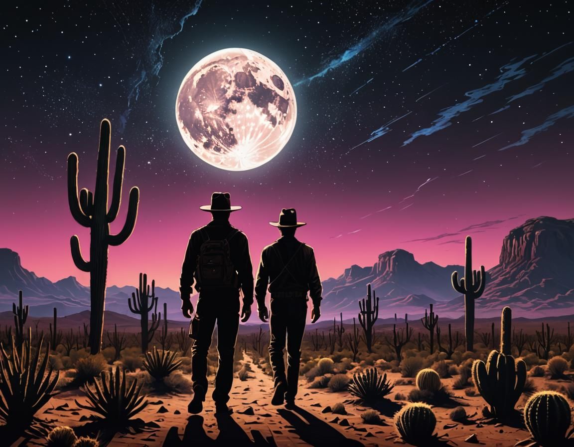 Synthwave Indiana Jones Under Giant Moon