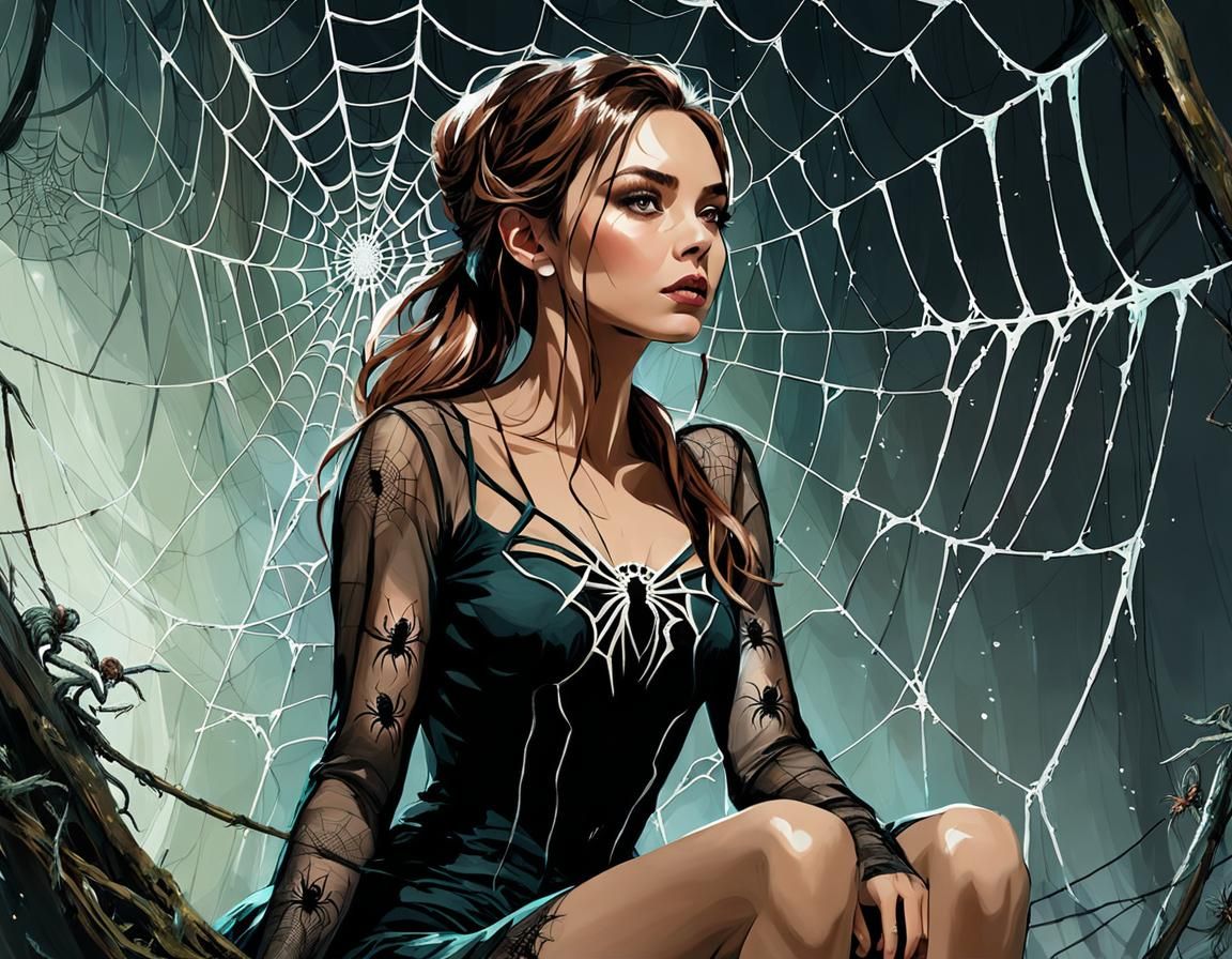Giant Spiderweb with Cute Spider and Fascinated Woman