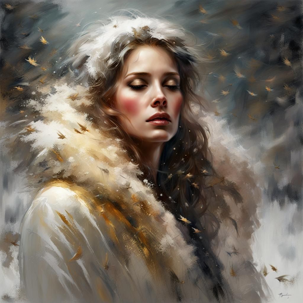 Woman in Blizzard with Gold Paint Strokes