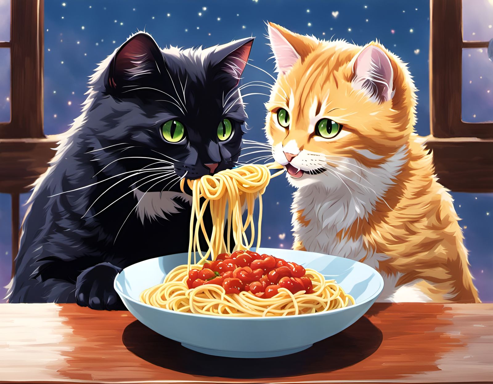 Cats' Romantic Spaghetti Dinner in Anime Style