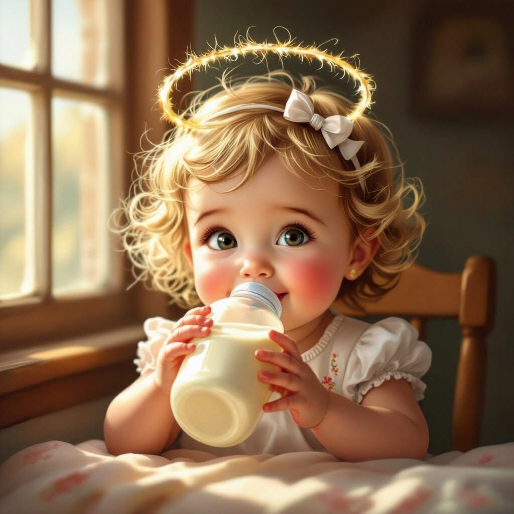 Adorable Baby Girl Drinking Milk in Storybook Style