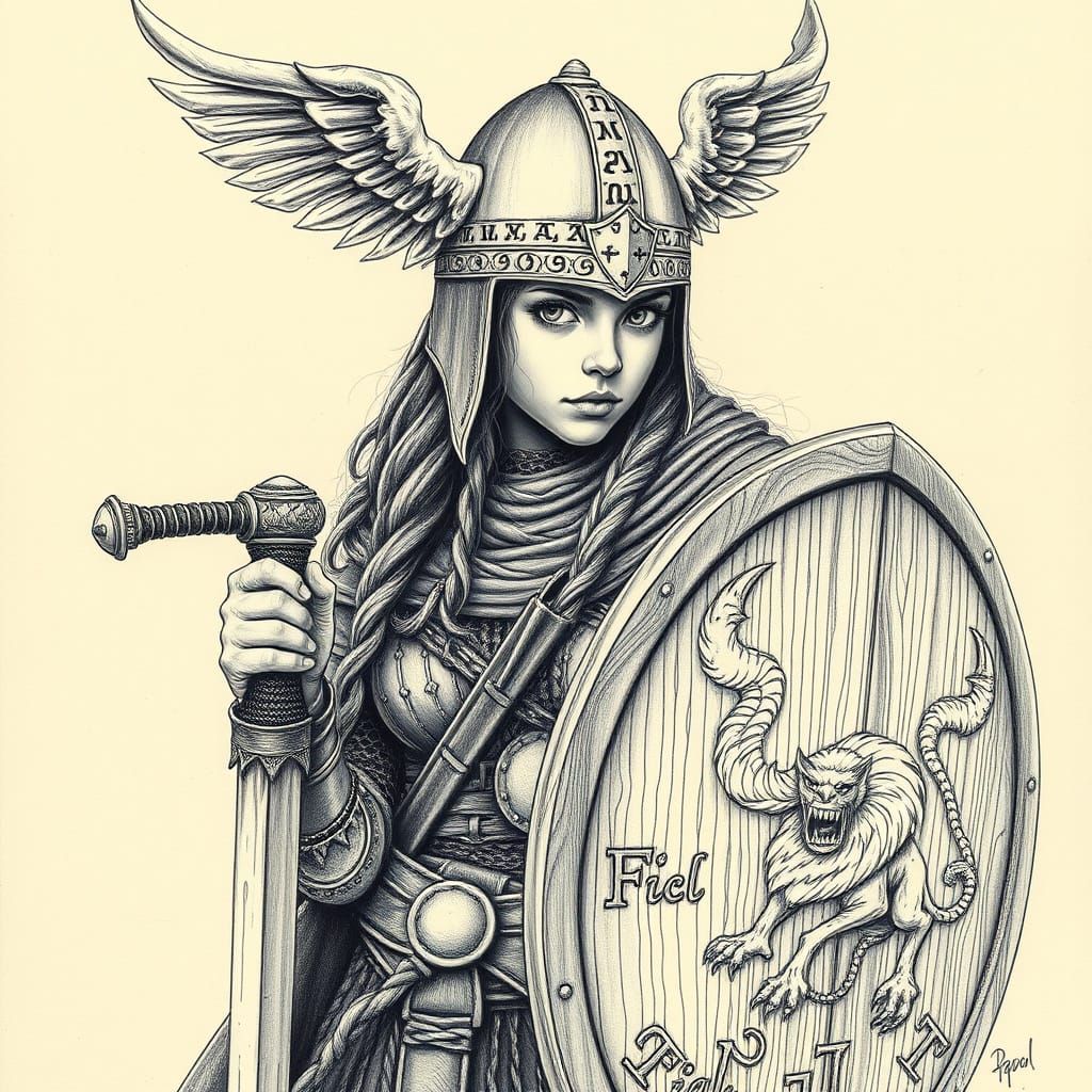 Viking Warrior Maiden in Chain Mail Armor, Sword and Shield