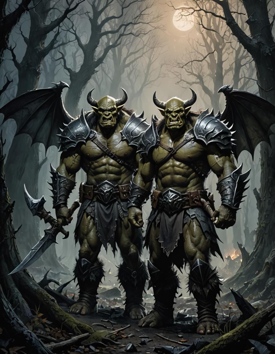 Orc Warriors in Mystical Forest, Gothic Oil Painting