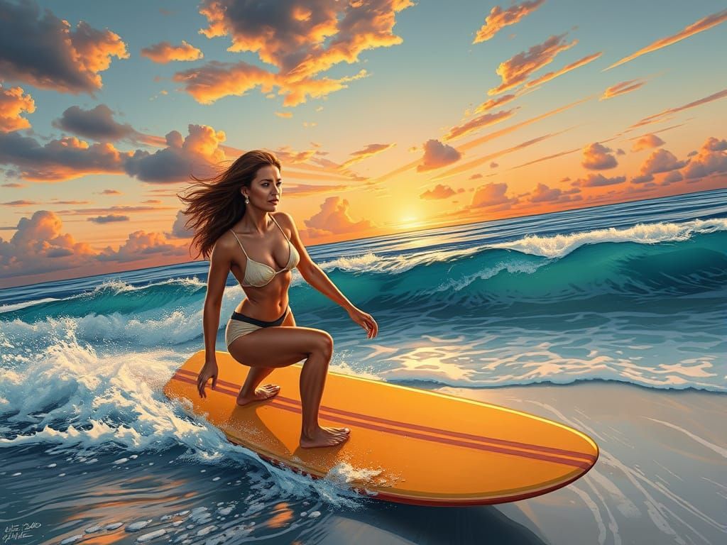 Woman Riding a Surfboard at Sunset in Vibrant Comic Book Sty...