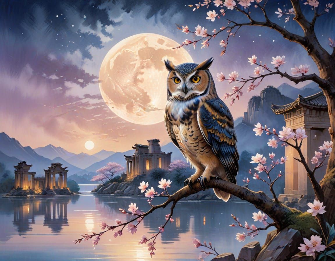 Majestic Owl in Sakura Bloom under Moonlit Roman Ruins